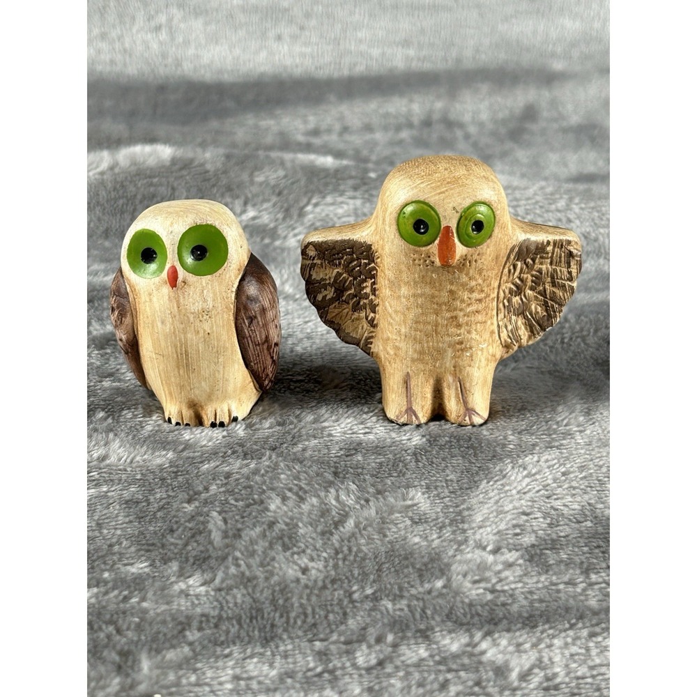 Vintage Ceramic Owl Figurines Set Of 2 Hand Painted Made In Portugal Green Eyes